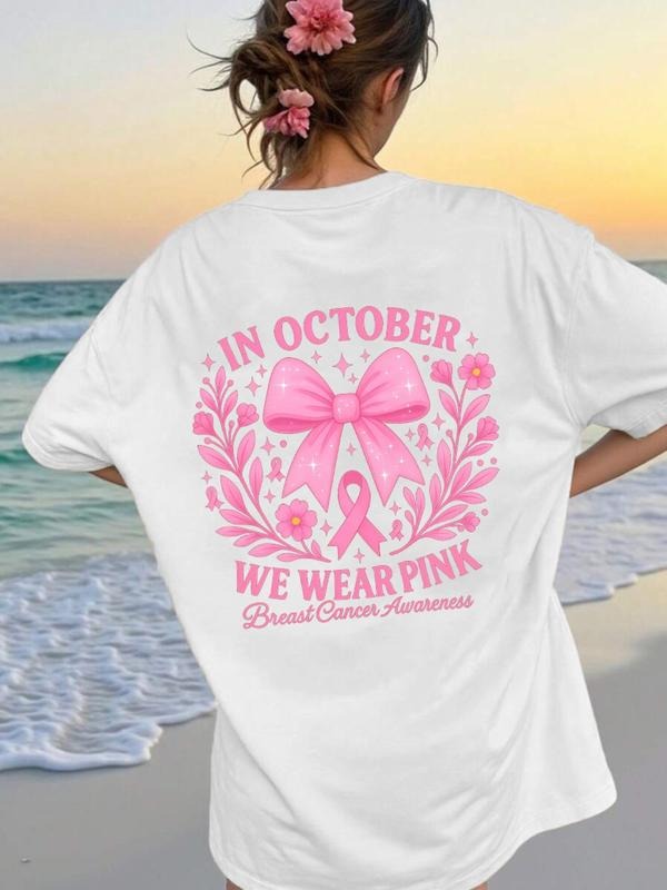 Women's Summer Fashion Bow and Letter Slogan Print T-Shirt, Vintage Artistic Style, Casual Loose-Fitting Top, Butterfly...