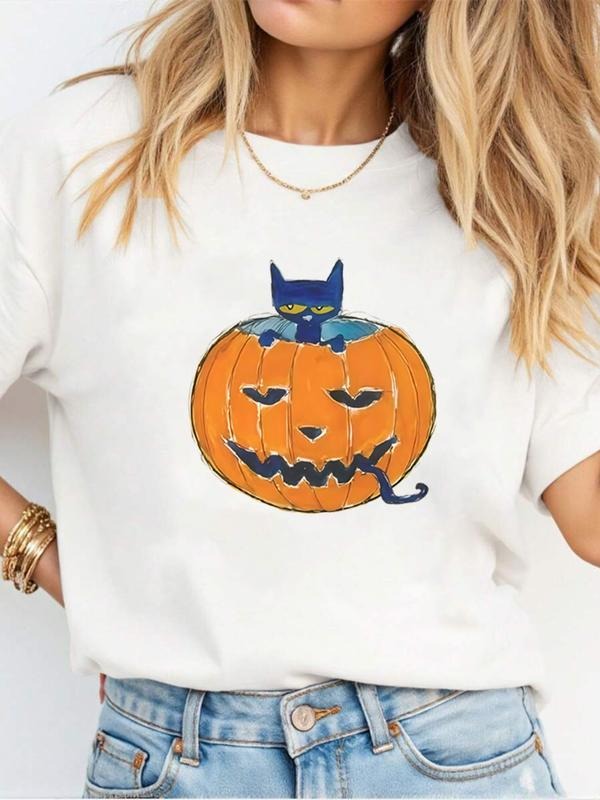 Women's Summer Fashion Round Neck T-Shirt Top, Halloween Pattern Print, Casual Loose-Fitting O-Neck Tee, Trendy Ladies'...