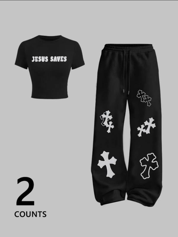 Women's Summer Jesus Theme Slogan Print Round Neck Slim Fit Short Sleeve T-Shirt, Cross Print Straight Leg Pants Set...