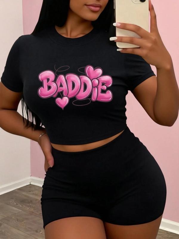 Women's Summer Letter Heart Print Short Sleeve T-Shirt, Sexy Slim-Fitting Top, Casual Daily Wear Clothing for Ladies...