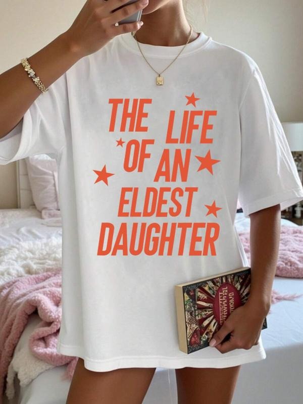Women's Summer Letter Print Casual T-Shirt Top, Loose-Fitting Short Sleeve, Stars Pattern, Stylish and Comfortable...