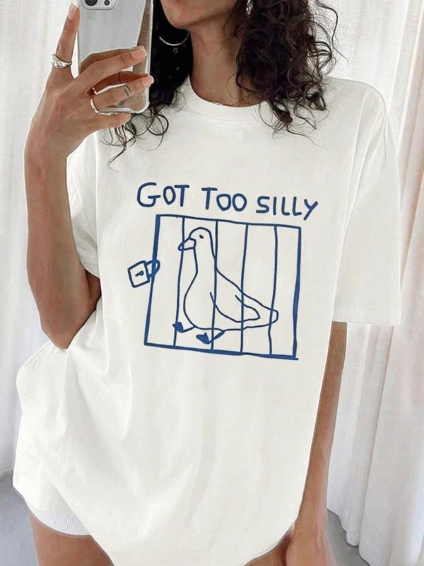 Women's Summer Letter Slogan Print Round Neck T-Shirt, Casual Loose-Fitting Top for Daily Wear, O-Type Silhouette Hoodie,...