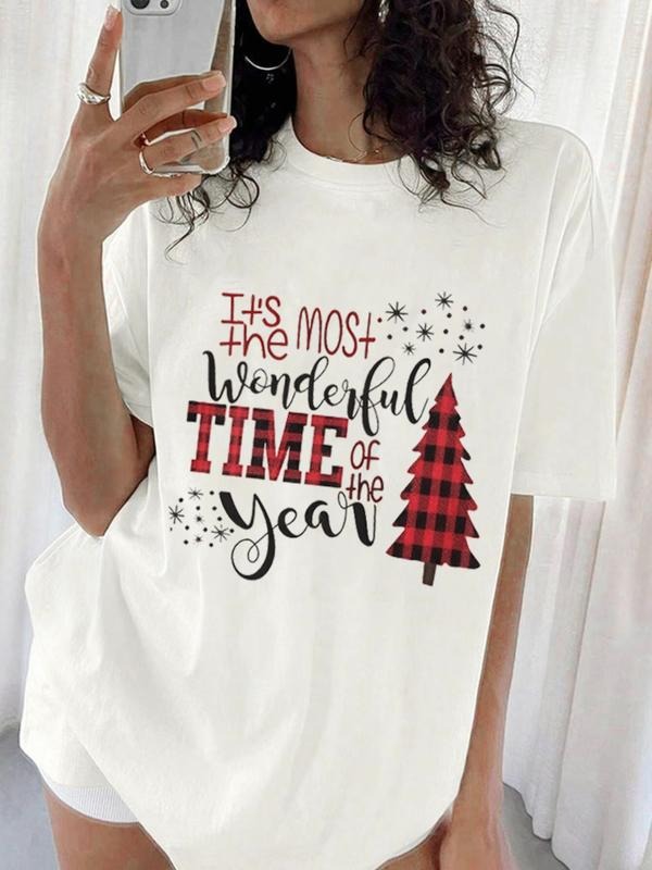 Women's Summer Letter and Christmas Print T-Shirt Top, Casual Loose Fit, Comfortable Daily Wear, Perfect for Festive...