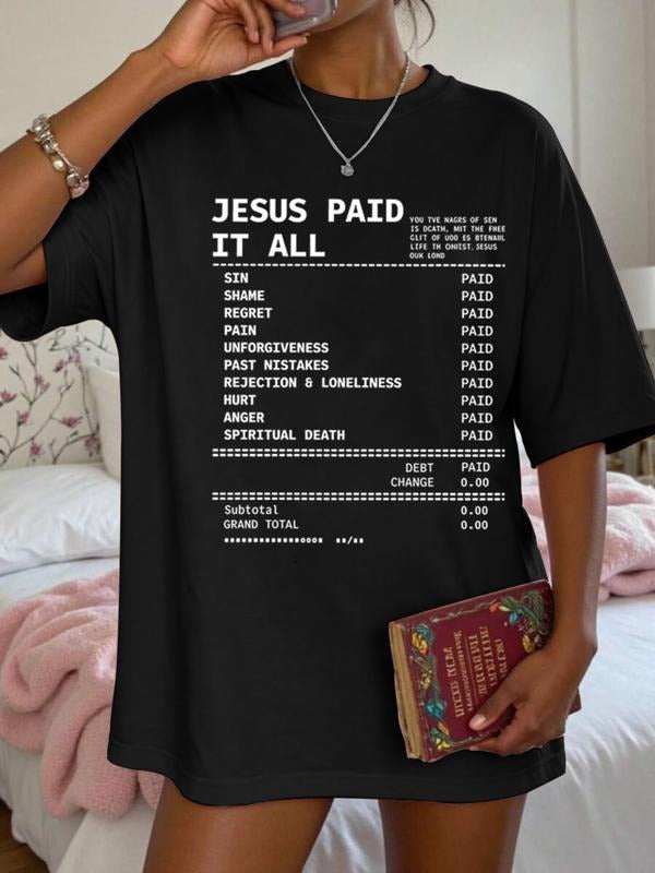 Women's Summer Redemption Jesus Paid All T-Shirt, Christian Receipt Round Neck Short Sleeve, Faith Theme Letter Pattern...