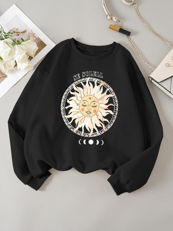 Women's Sun & Flower Print Drop Shoulder Pullover, Casual  Long Sleeve Crew Neck Sweatshirt for Spring & Fall, Women's...