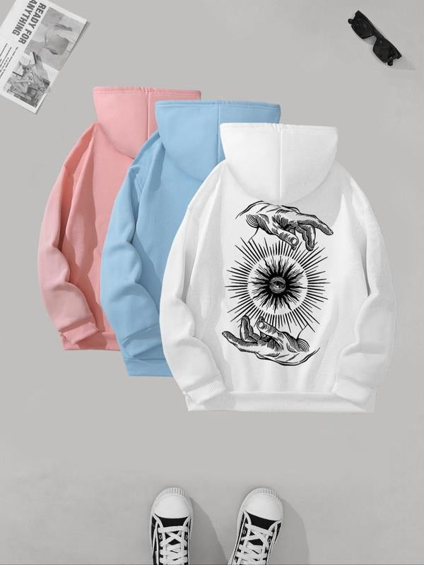Women's Sun & Hand Print Drop Shoulder Hoodie, Fashion Casual Drawstring Pocket Hooded Sweatshirt for Daily Holiday...