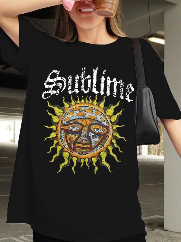 Women's Sun & Letter Print Round Neck Graphic Tee, Vintage Trendy Casual Short Sleeve T-shirt for Daily Wear, Ladies...