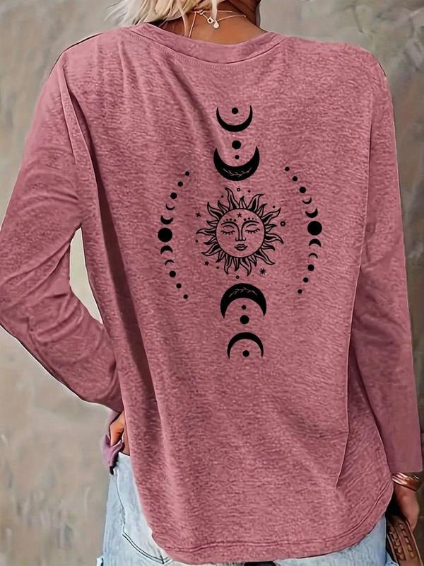 Women's Sun & Moon Print Round Neck Tee, Casual Long Sleeve T-shirt for Spring & Fall, Women's Top for Daily Wear Hoodie,...