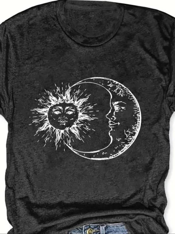 Women's Sun & Moon Print Round Neck Tee, Casual Short Sleeve Crew Neck T-Shirt for Summer, Fashion Women's Top for Daily...