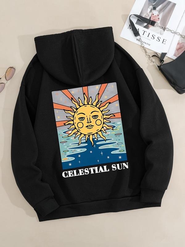 Women's Sun Graphic Print Drop Shoulder Hoodie, Fashion Casual Drawstring Pocket Hooded Sweatshirt for Daily Holiday...
