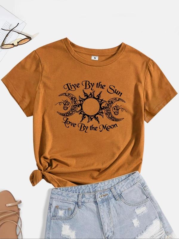 Women's Sun Graphic Print Round Neck Tee, Casual Short Sleeve T-Shirt for Daily Wear, Ladies Clothes for All Seasons...