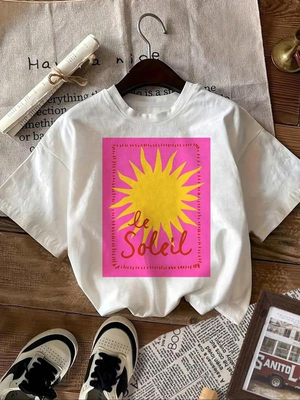 Women's Sun Print Round Neck Tee, Fashion Casual Crew Neck T-Shirt for Daily Holiday Vacation Outdoor Wear, Ladies...