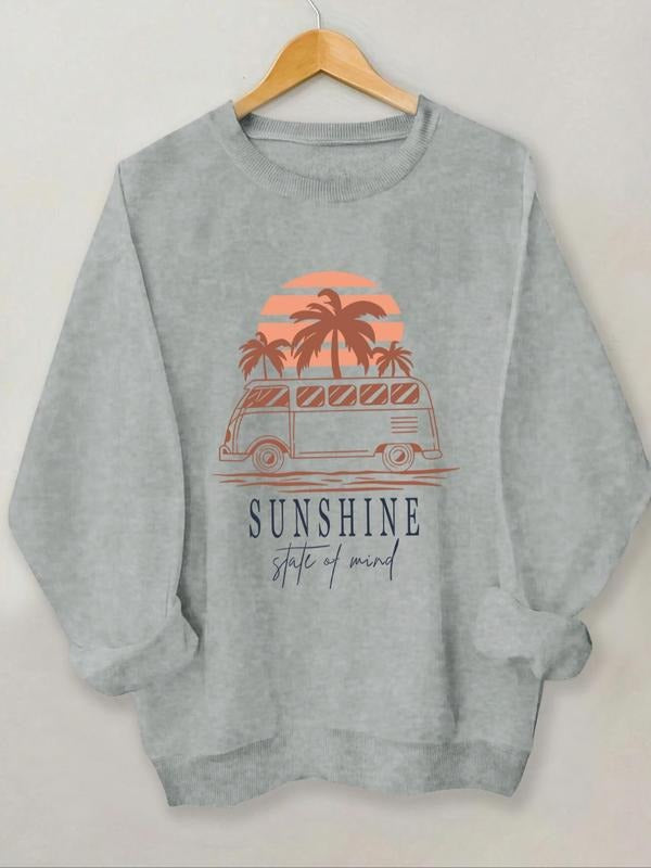Women's Sunset & Bus Print Crew Neck Sweatshirt, Casual Long Sleeve Pullover for Daily Wear, Ladies Clothing for All...