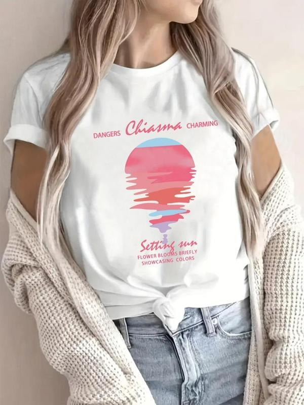 Women's Sunset & Letter Print Round Neck Tee, Casual Short Sleeve Crew Neck T-Shirt for Summer, Fashion Women's Top for...