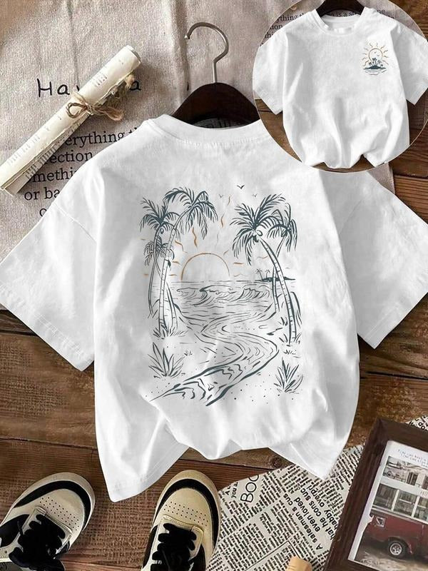 Women's Sunset & Palm Trees Print Round Neck Tee, Casual Short Sleeve Crew Neck T-shirt for Summer, Fashion Women's Top...