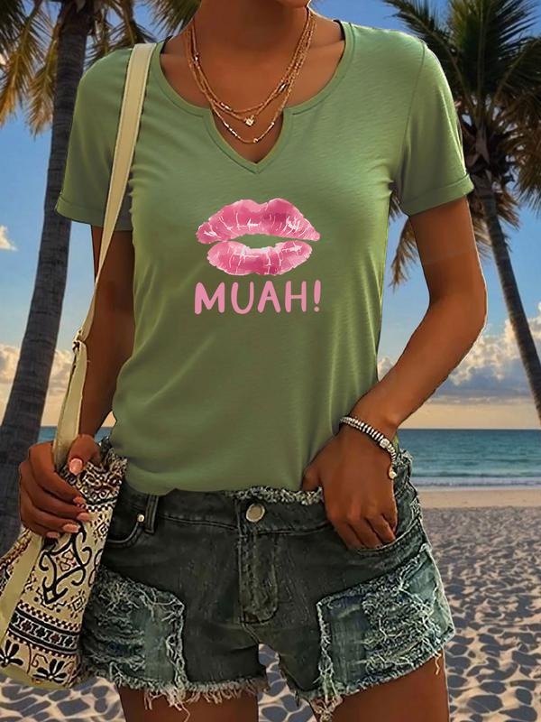 Women's Sweet Spicy Muah! Lip Print T-Shirt, Casual Summer V Neck Short Sleeve Top, Fashionable Ladies' Tee, Trendy...