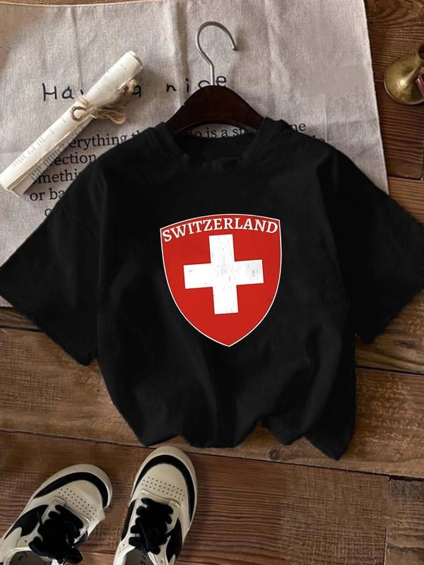 Women's Swiss Letter Print Round Neck Crop Tee, Casual Cross Graphic Drop Shoulder Short Sleeve T-shirt for Daily Wear,...