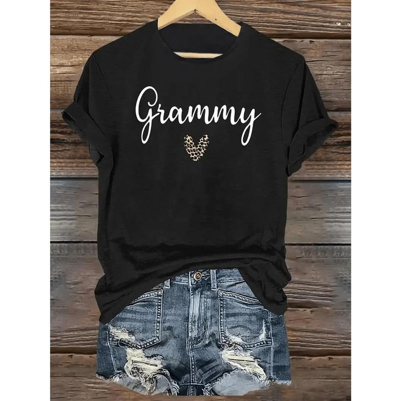 Women's T - Shirt: Celebrate Grandmotherhood with 'Grammy' on This Heart - Felt Tee, Featuring a Stylish Leopard