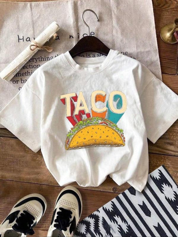 Women's Taco Print Round Neck Tee, Casual Letter Graphic Short Sleeve T-Shirt for Daily Wear, Ladies Clothes for All...