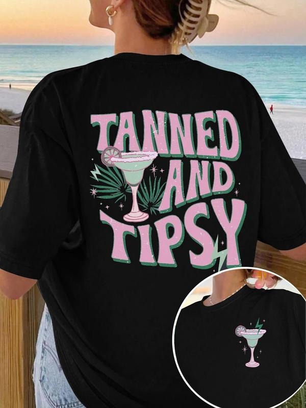 Women's Tanned and Tipsy Round Neck Graphic Tee, Vintage Trendy Casual Short Sleeve T-shirt for Daily Wear, Ladies...
