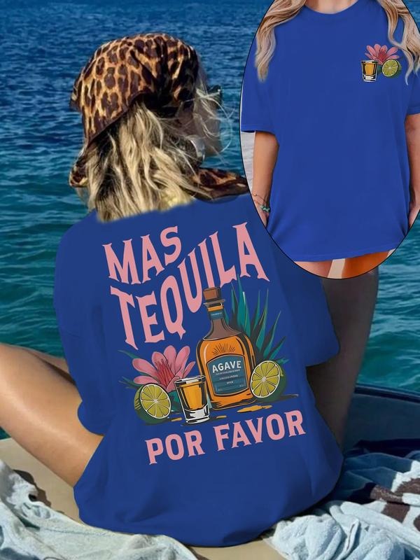 Women's Tequila & Letter Print Round Neck Tee, Casual Short Sleeve Crew Neck T-shirt for Summer, Fashion Women's Top for...