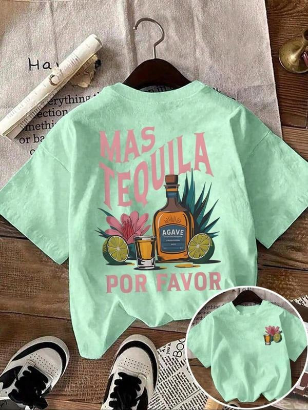 Women's Tequila Drink Print Round Neck Tee, Vintage Trendy Casual Crew Neck Short Sleeve T-shirt for Daily Wear, Ladies...