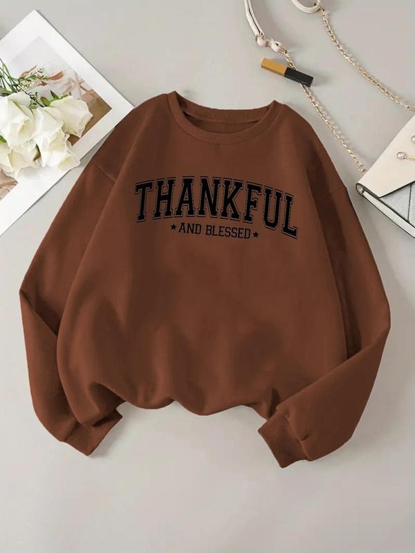 Women's Thankful Letter Print Round Neck Sweatshirt, Casual Long Sleeve Crew Neck Pullover for Fall & Winter, Women's...