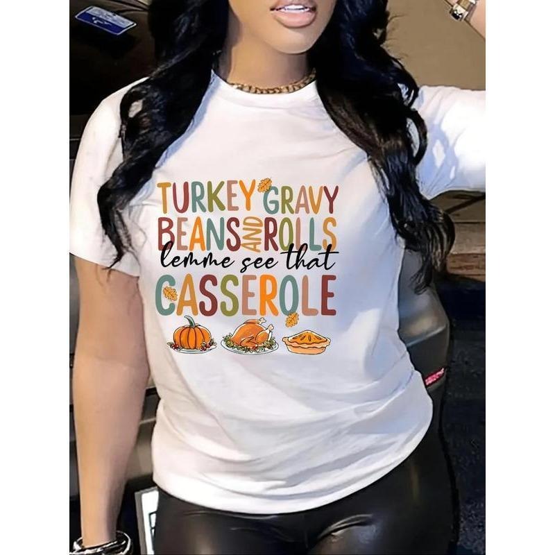 Women's Thanksgiving Letter Print Round Neck Tee, Casual Short Sleeve Crew Neck T-Shirt for Summer, Fashion Women's Top...