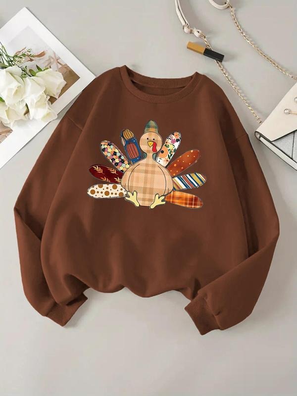 Women's Thanksgiving Turkey Print Round Neck Sweatshirt, Casual Long Sleeve Crew Neck Pullover for Fall & Winter, Women's...