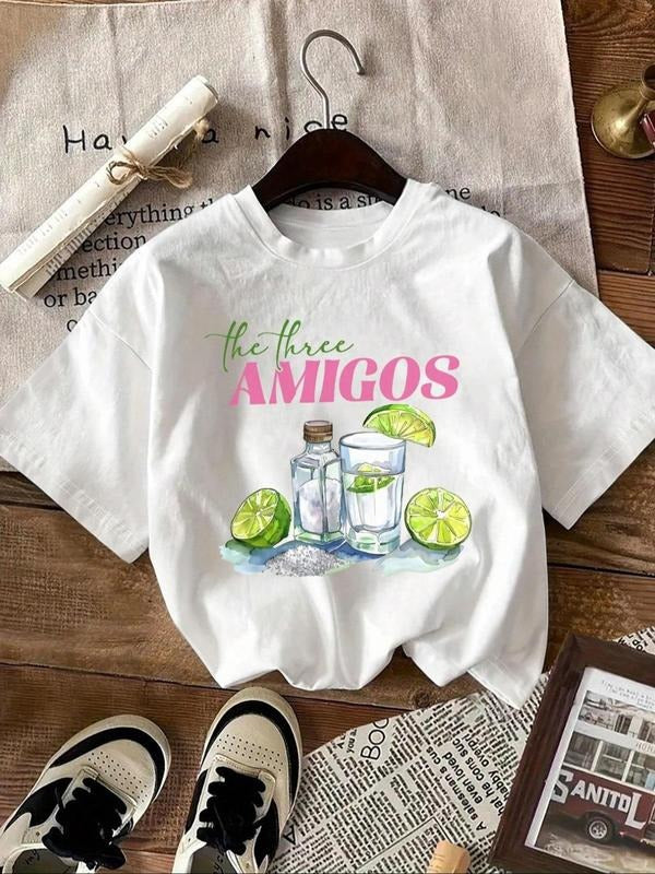 Women's The Three Amigos & Lemon Print Round Neck Tee, Casual Short Sleeve T-shirt for Summer, Ladies Clothes for Daily...