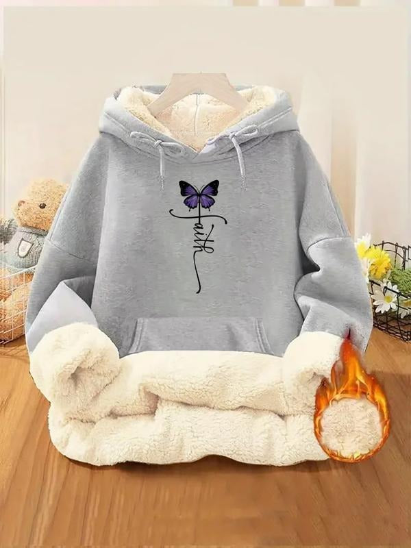Women's Thick Fleece Cartoon Butterfly Letter Hoodie, Casual Fall & Winter Fitted Pullover, Comfortable and Stylish...