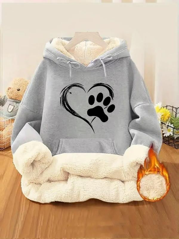 Women's Thick Fleece Cartoon Heart Footprint Hoodie, Casual Fall & Winter Cute Sweatshirt, Letter Pattern, Fitted Style...