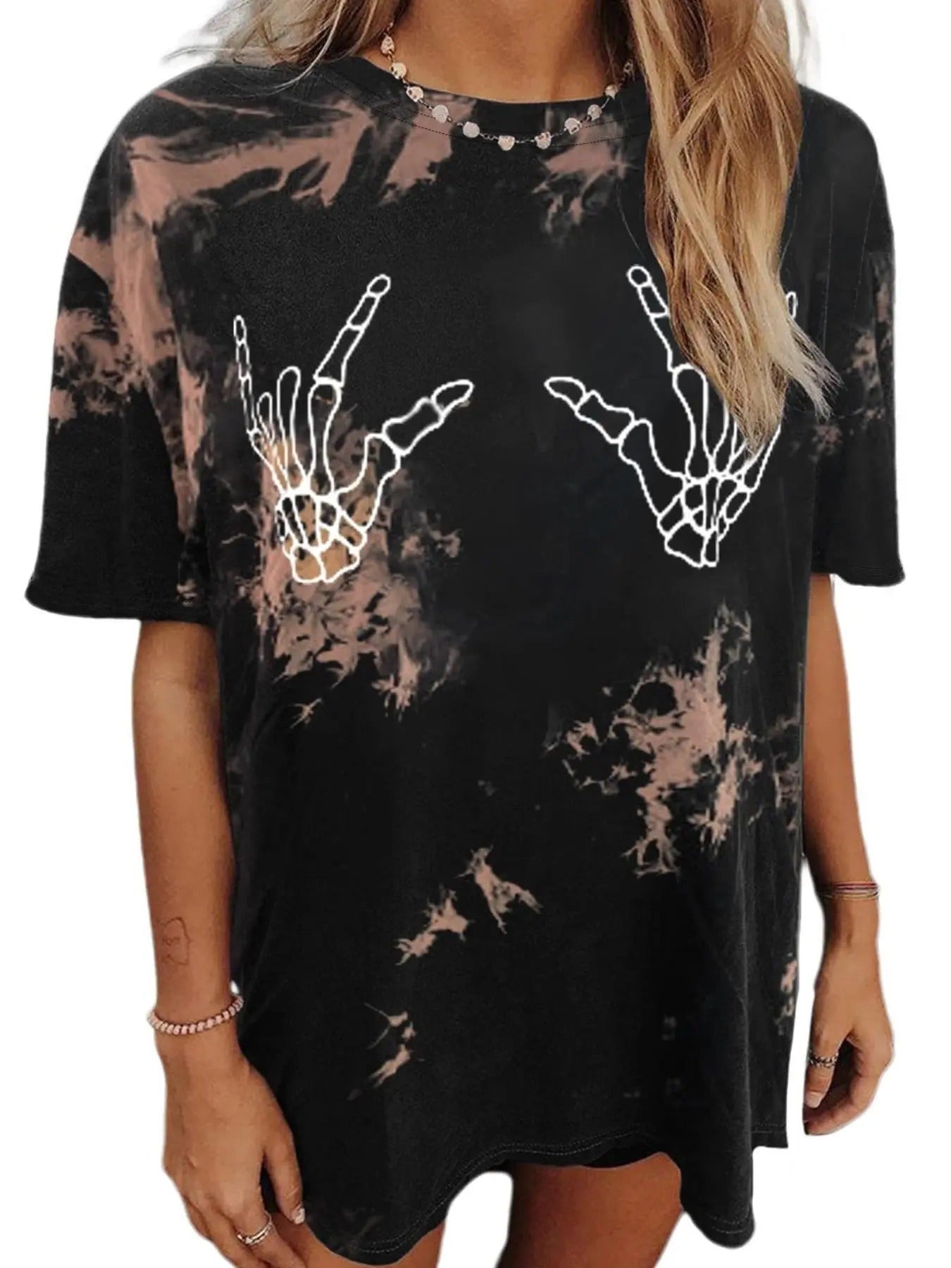 Women's Tie Dye & Skeleton Hand Print Round Neck Tee, Casual Half Sleeve Crew Neck T-Shirt for Daily Wear, Ladies Clothes...