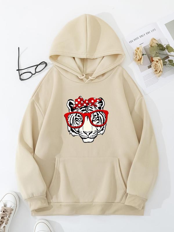 Women's Tiger Print Drawstring Pocket Hoodie, Fashion Casual Hooded Sweatshirt for Daily Holiday Outdoor Wear, Women...