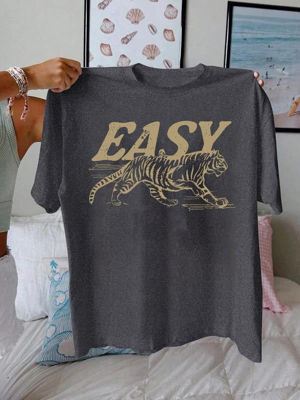 Women's Tiger Print Round Neck Tee, Vintage Trendy Casual Short Sleeve T-shirt for Daily Wear, Ladies Summer, Top Hoodie,...