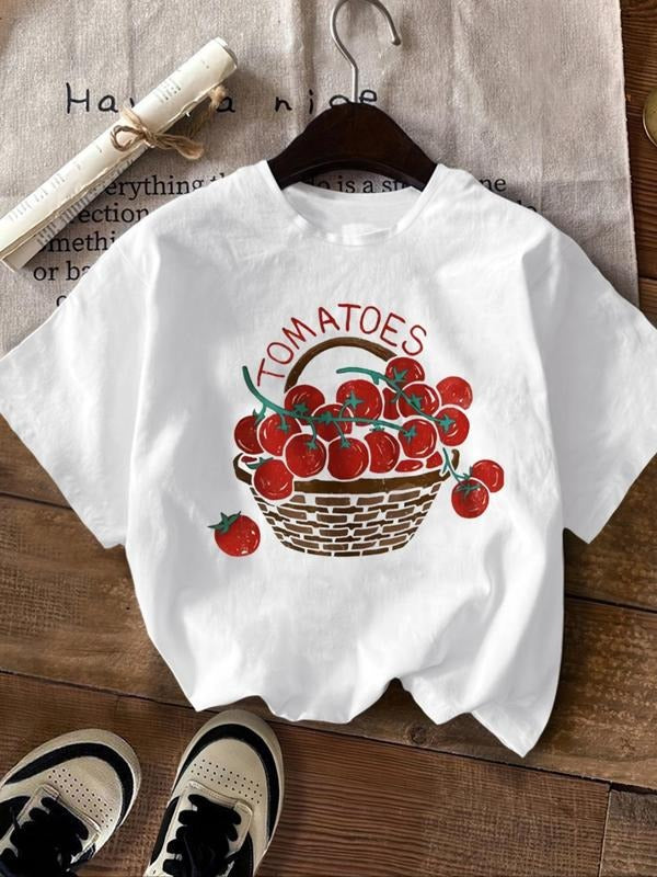 Women's Tomato & Letter Graphic Round Neck Tee, Casual Short Sleeve Crew Neck T-Shirt for Summer, Fashion Women's Top for...