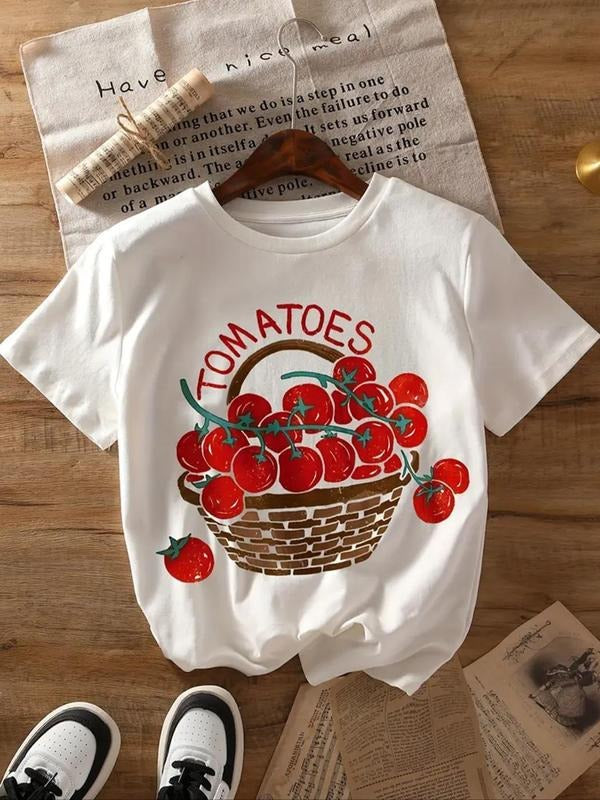 Women's Tomato & Letter Print Round Neck Tee, Casual Short Sleeve Crew Neck T-shirt for Summer, Fashion Women's Top for...