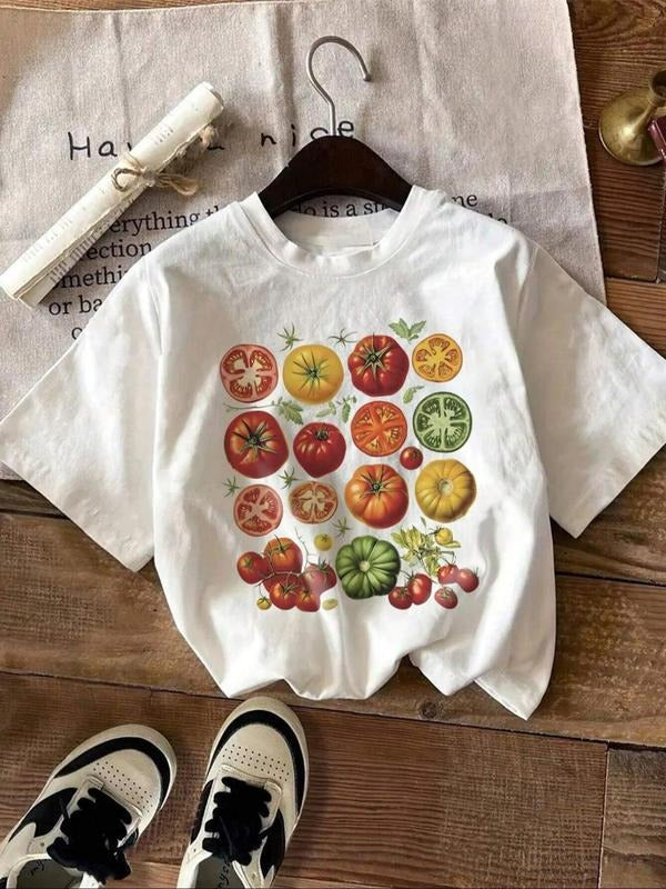 Women's Tomato & Vegetables Print Round Neck Tee, Casual Short Sleeve Crew Neck T-Shirt for Summer, Fashion Women's Top...