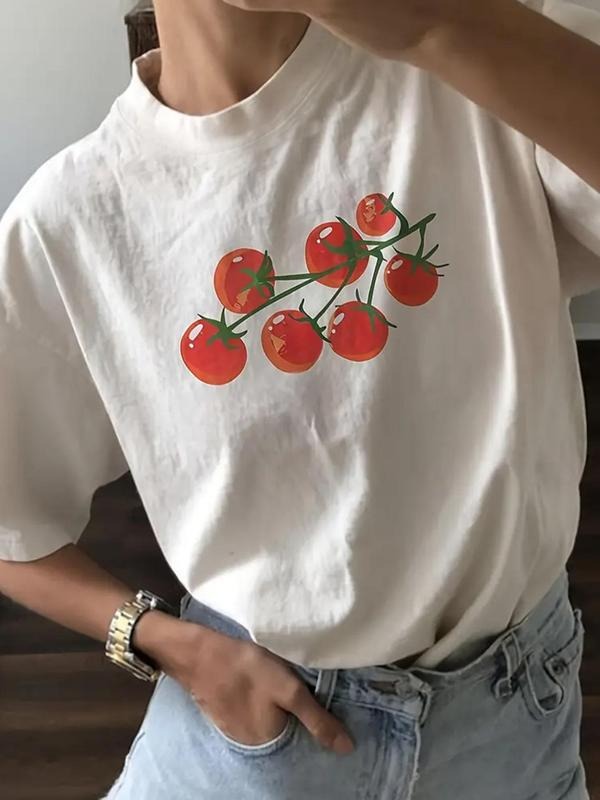 Women's Tomato Print Drop Shoulder Tee, Casual Half Sleeve Round Neck T-shirt for Summer, Fashion Women's Top for Daily...