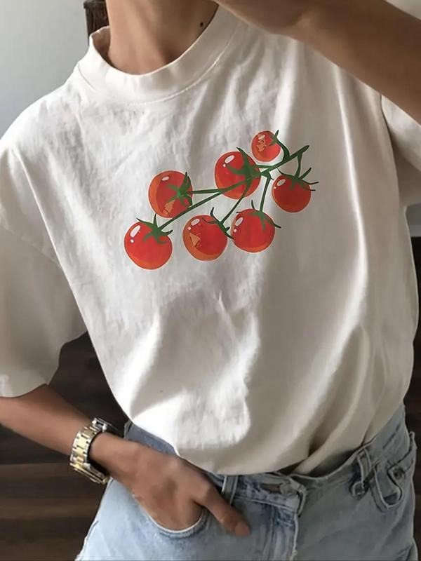 Women's Tomato Print Round Neck Graphic Tee, Vintage Trendy Casual Drop Shoulder Short Sleeve T-shirt for Daily Wear,...