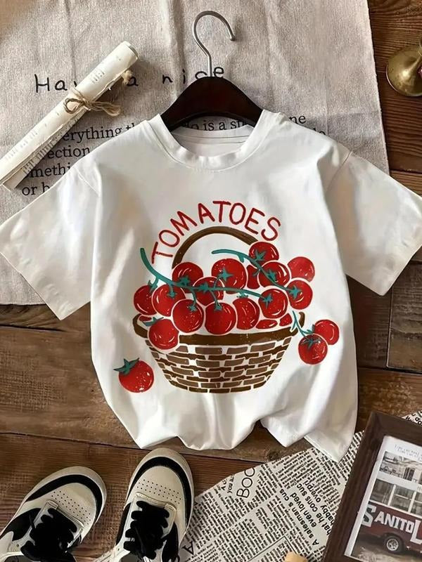 Women's Tomato Print Round Neck Tee, Casual Short Sleeve Crew Neck T-Shirt for Summer, Fashion Women's Top for Daily Wear...
