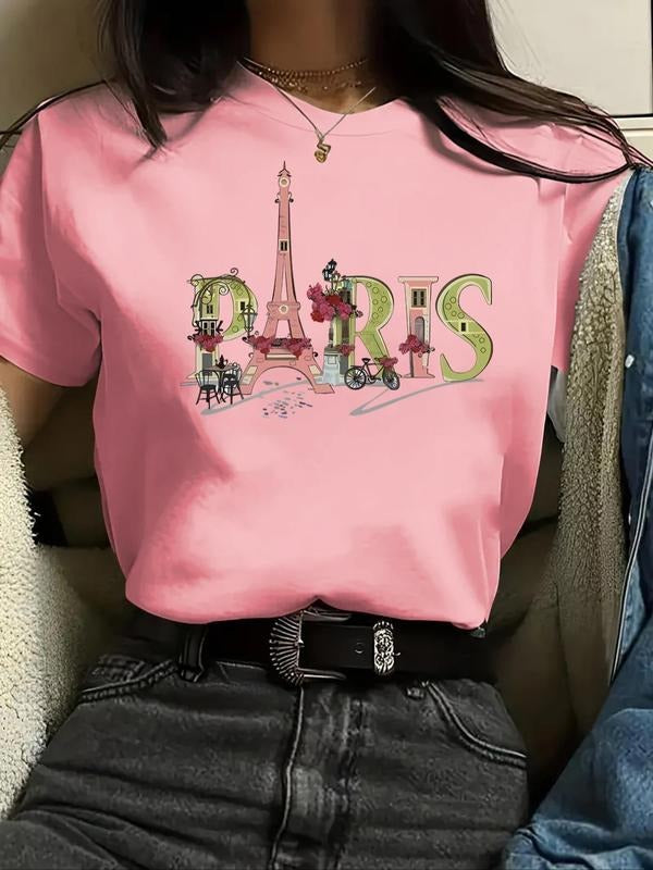 Women's Tower & Letter Print Round Neck Tee, Trendy Casual Short Sleeve Floral Print T-shirt for Daily Wear, Ladies...