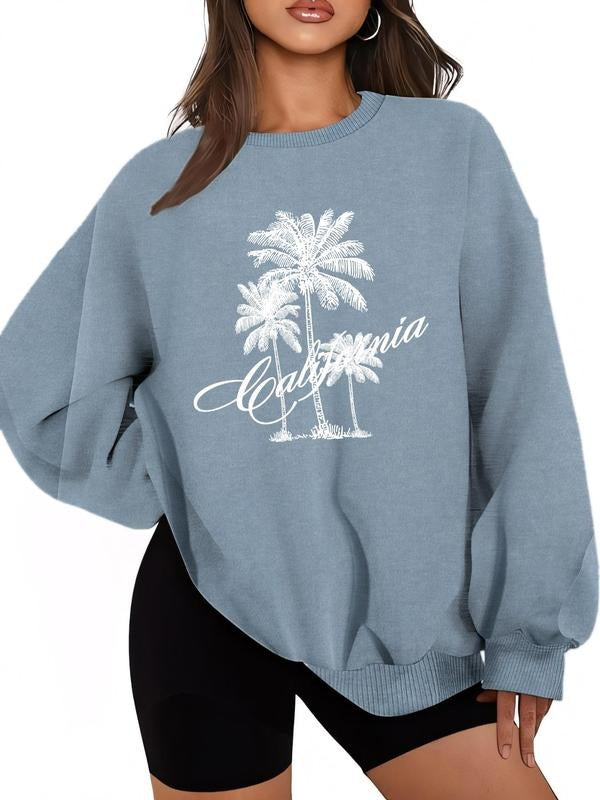 Women's Tree & Letter Print Drop Shoulder Sweatshirt, Casual Long Sleeve Round Neck Pullover for Fall & Winter, Women's...