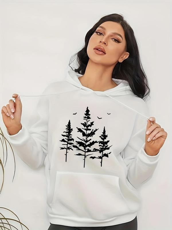 Women's Tree Print Drop Shoulder Drawstring Hoodie, Casual Kangaroo Pocket Hooded Sweatshirt for Daily Holiday Outdoor...