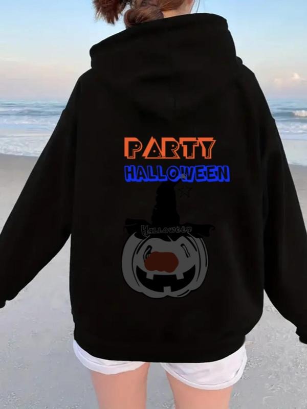 Women's Trendy Halloween Pumpkin Graphic Black Hoodie, Comfort "PARTY" Letter Print Drawstring Pocket Puffed Hooded...