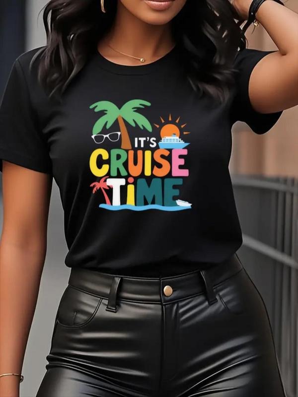 Women's Tropical Pattern T-Shirt, Short Sleeve Summer Top with Palm Tree and Wave Print, Comfortable Casual Vacation...