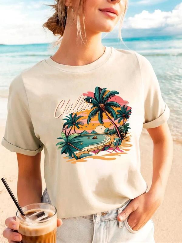 Women's Tropical Print Round Neck Graphic Tee, Vintage Trendy Casual Short Sleeve T-shirt for Daily Wear, Ladies All...