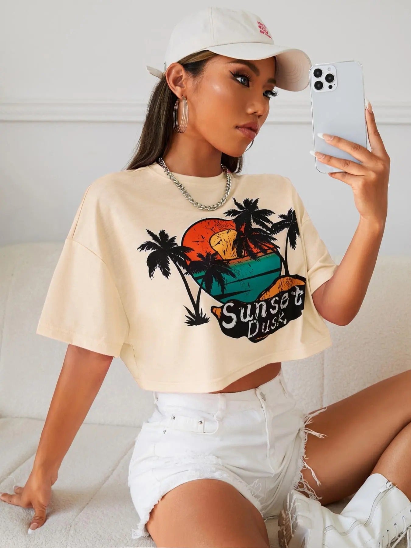 Women's Tropical Print Round Neck Tee, Trendy Casual Drop Shoulder Half Sleeve T-shirt for Daily Wear, Ladies Summer...