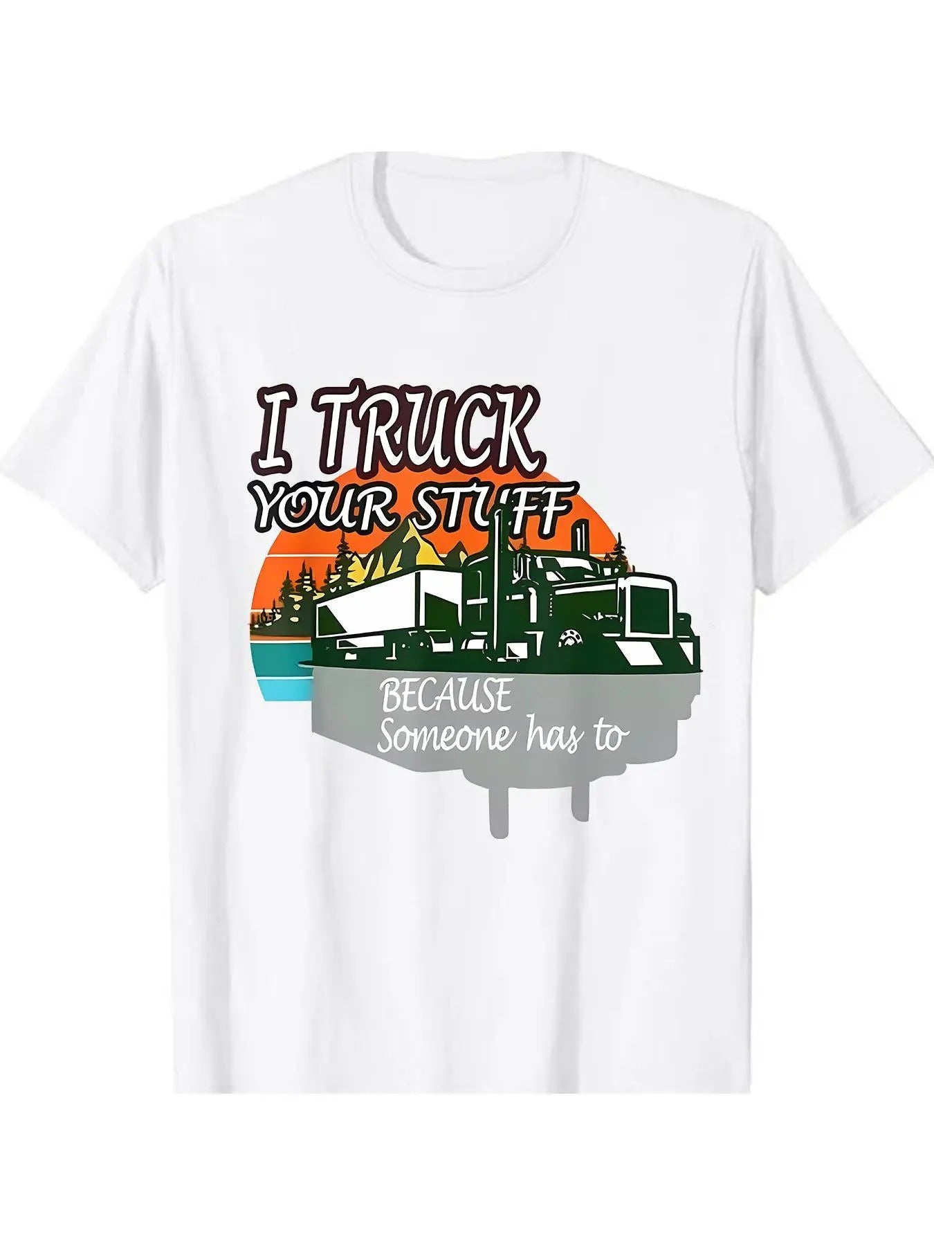Truck & Letter Print Round Neck Casual Short Sleeve Crew Neck Spring & Fall Top Daily T-Shirts, Hoodie, Sweatshirt