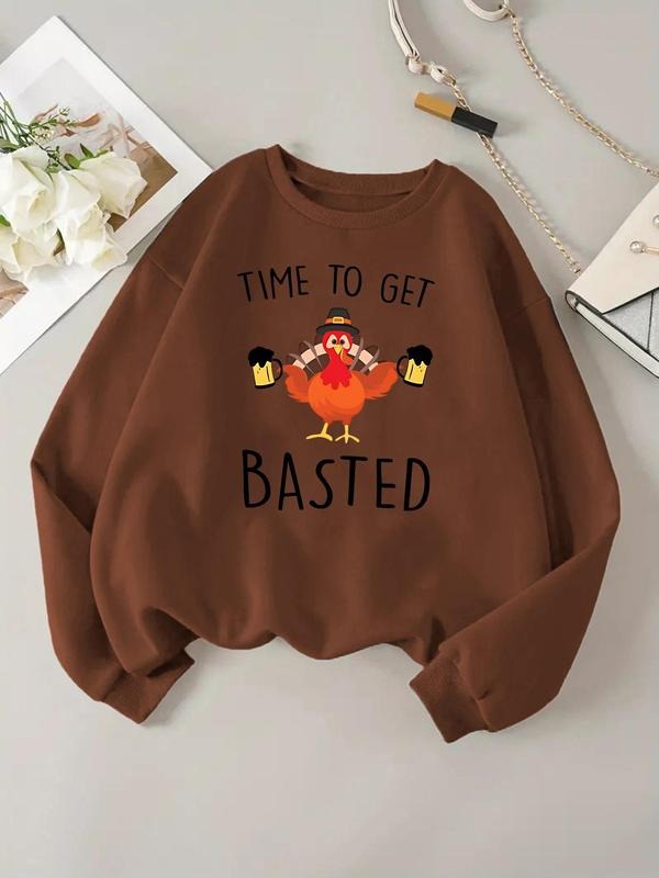 Women's Turkey & Letter Print Crew Neck Sweatshirt, Casual Long Sleeve Pullover for Fall & Winter, Fashion Women's Tops...